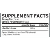 Supplement facts for Core Champs L-Carnitine 1000mg, showing key ingredients like L-Carnitine, Vitamin B6, and Magnesium for enhanced fat loss and energy production.